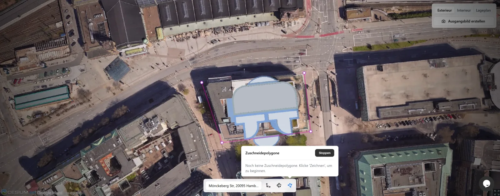 Mit dem Zuschneidepolygon werden störende Bäume und Bestandsstrukturen präzise aus dem Bauplatz herausgeschnitten.