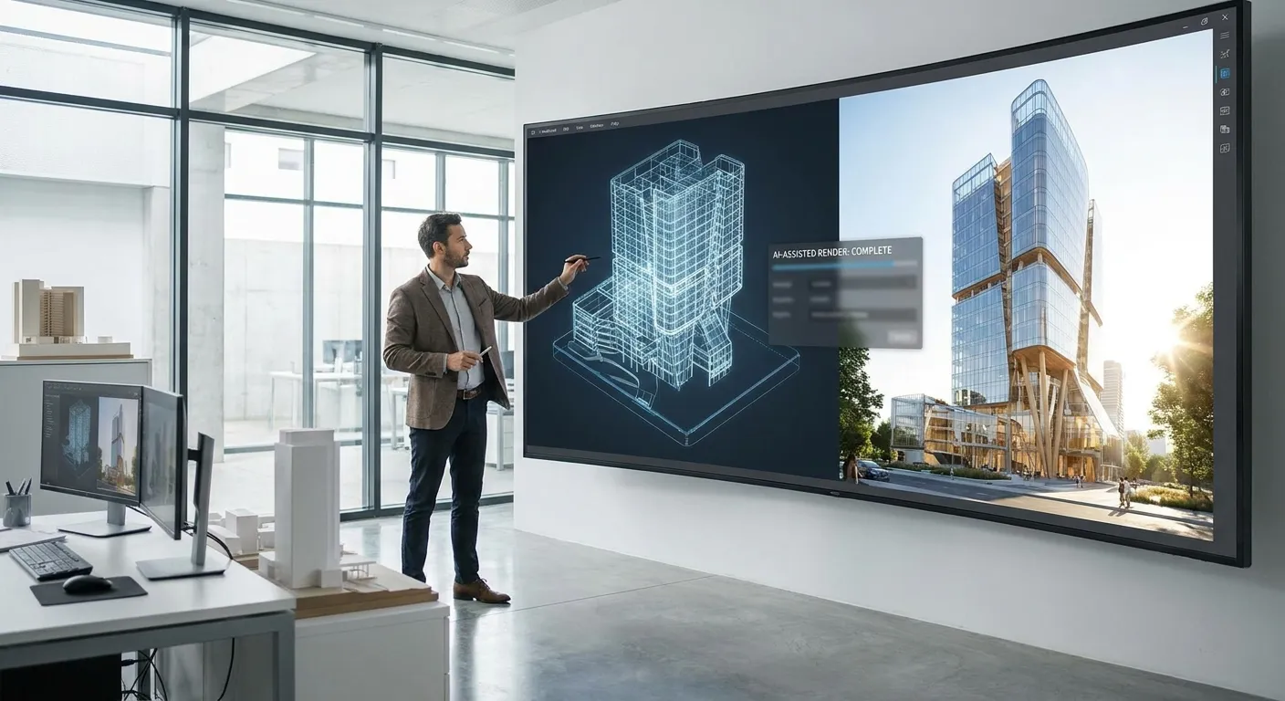 Ein Architekt vergleicht am Großbildschirm das Drahtmodell mit dem daraus erzeugten KI-Rendering.