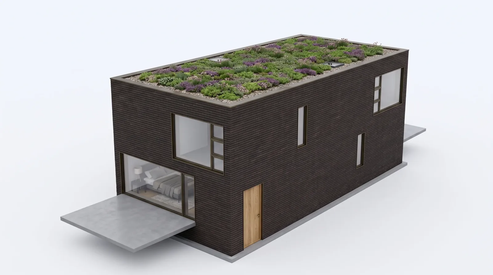 Lauf 2: kühleres schwarzbraunes Mauerwerk, Holzterrasse statt der beauftragten Betonplatten, violett blühende Dachbepflanzung, ein Bett statt eines Esstischs im Erdgeschoss.